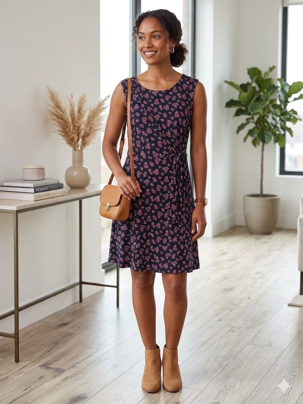 LOFT Navy Floral Twist-Front Sleeveless Dress - Pink Floral